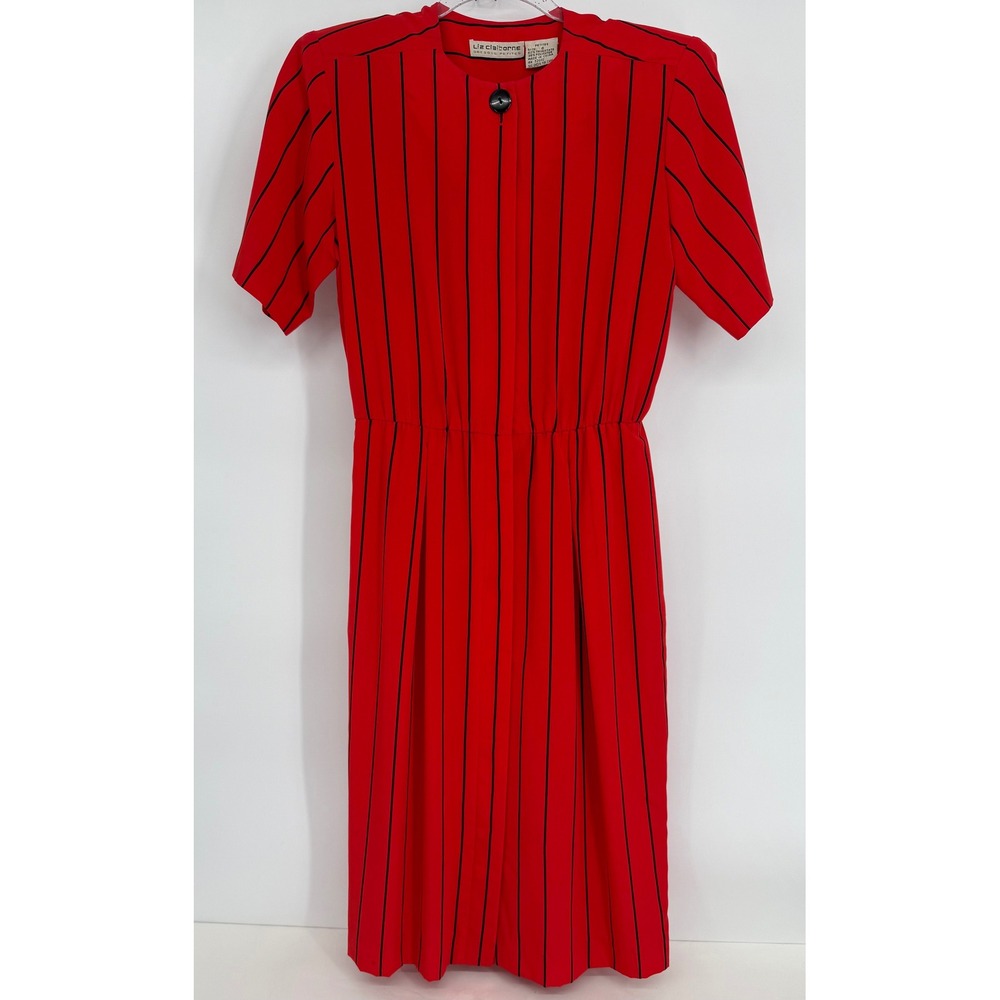 Liz Claiborne Vintage Red Black Pinstripe Short Sleeve Midi Dress Petites Sz 6